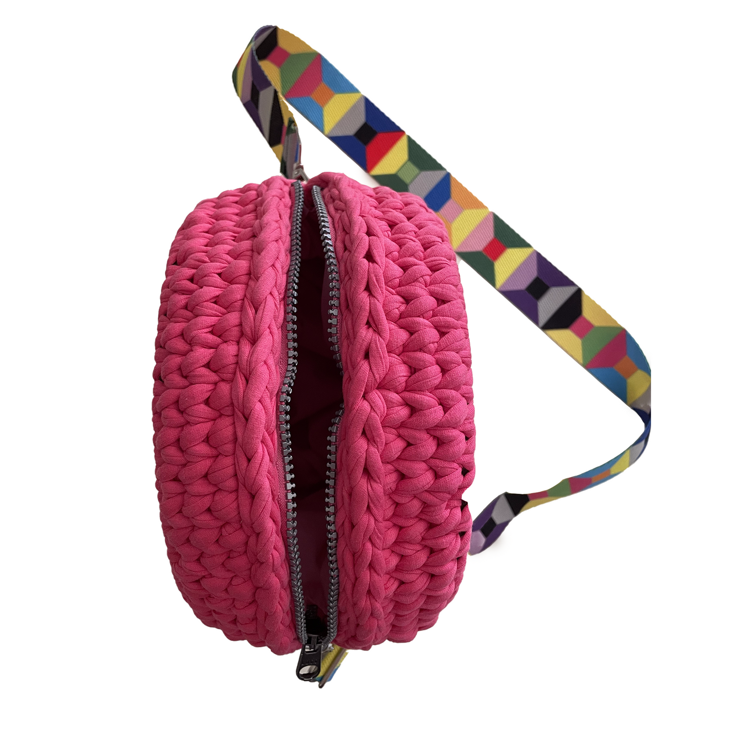 Gehaakte macaron crossbody tas met poezengezicht