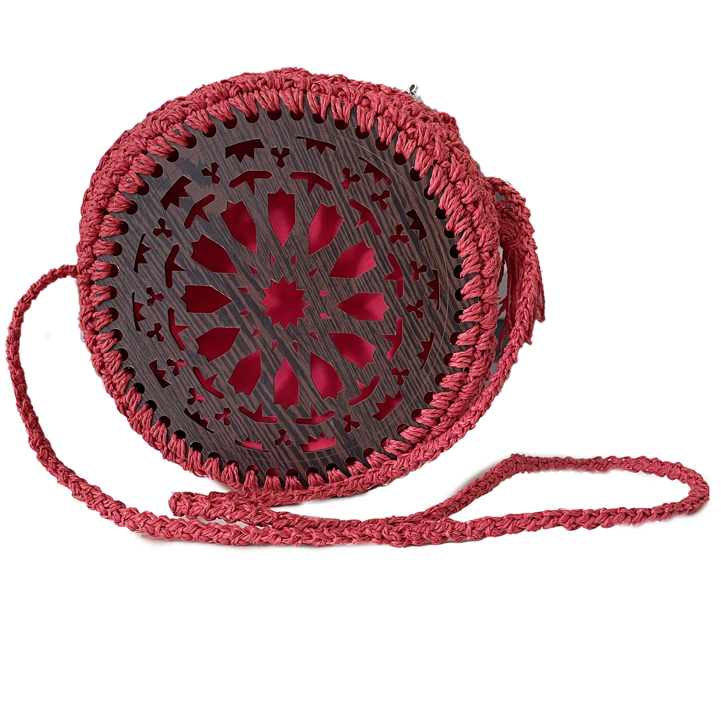 Gehaakt roos crossbody tas van naturel raffia garen in rood