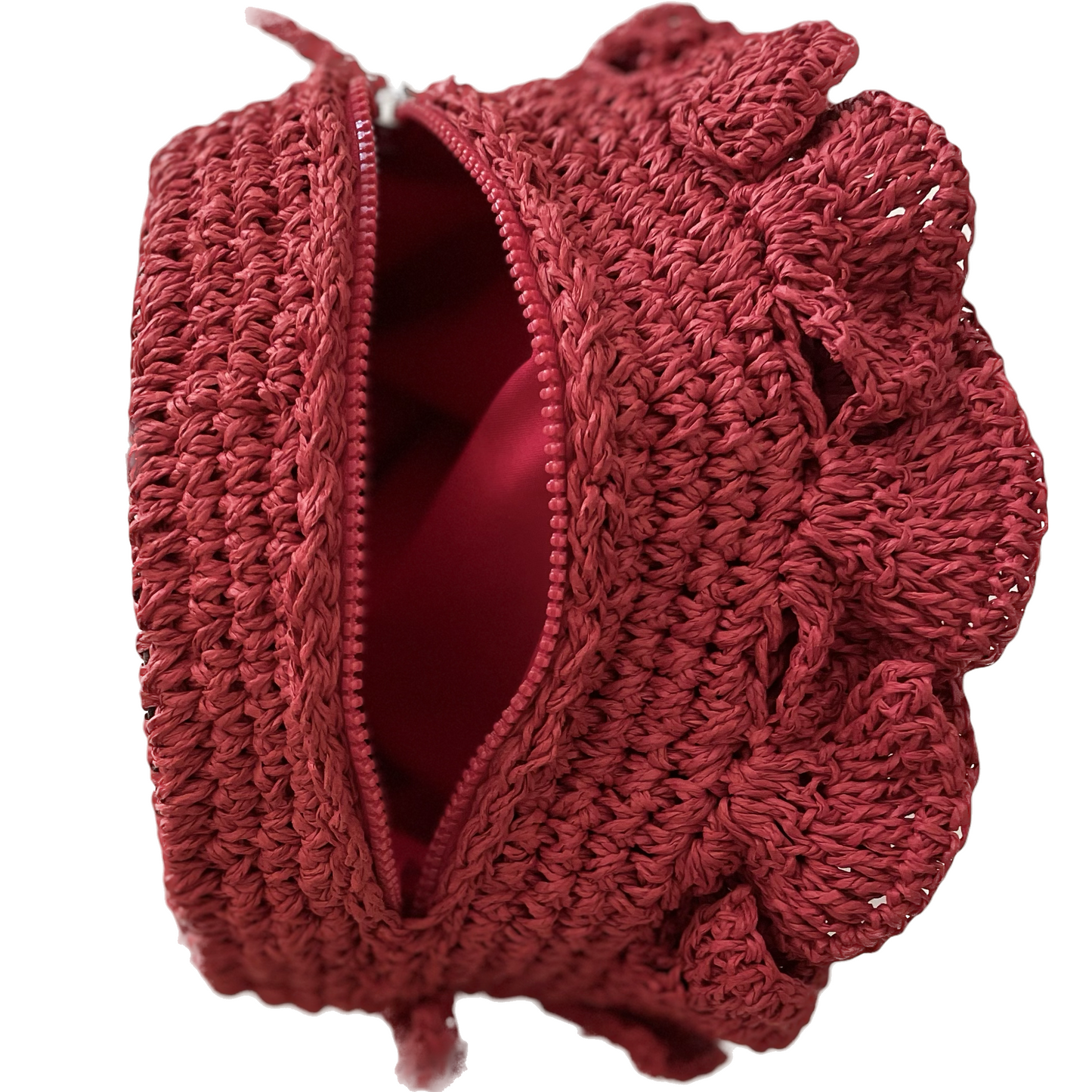 Gehaakt roos crossbody tas van naturel raffia garen in rood