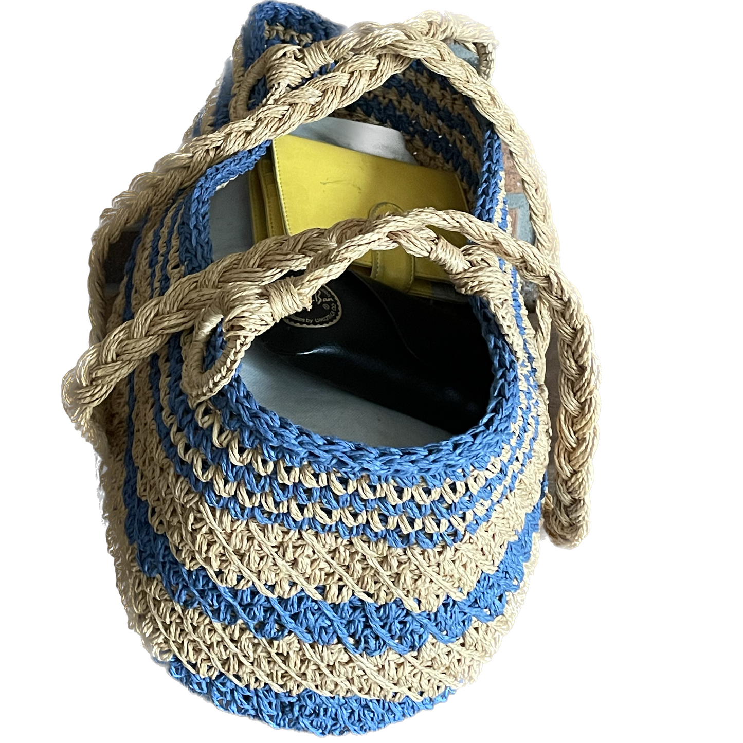 Gehaakte handtas van raffia garen in blauw crèmekleuren