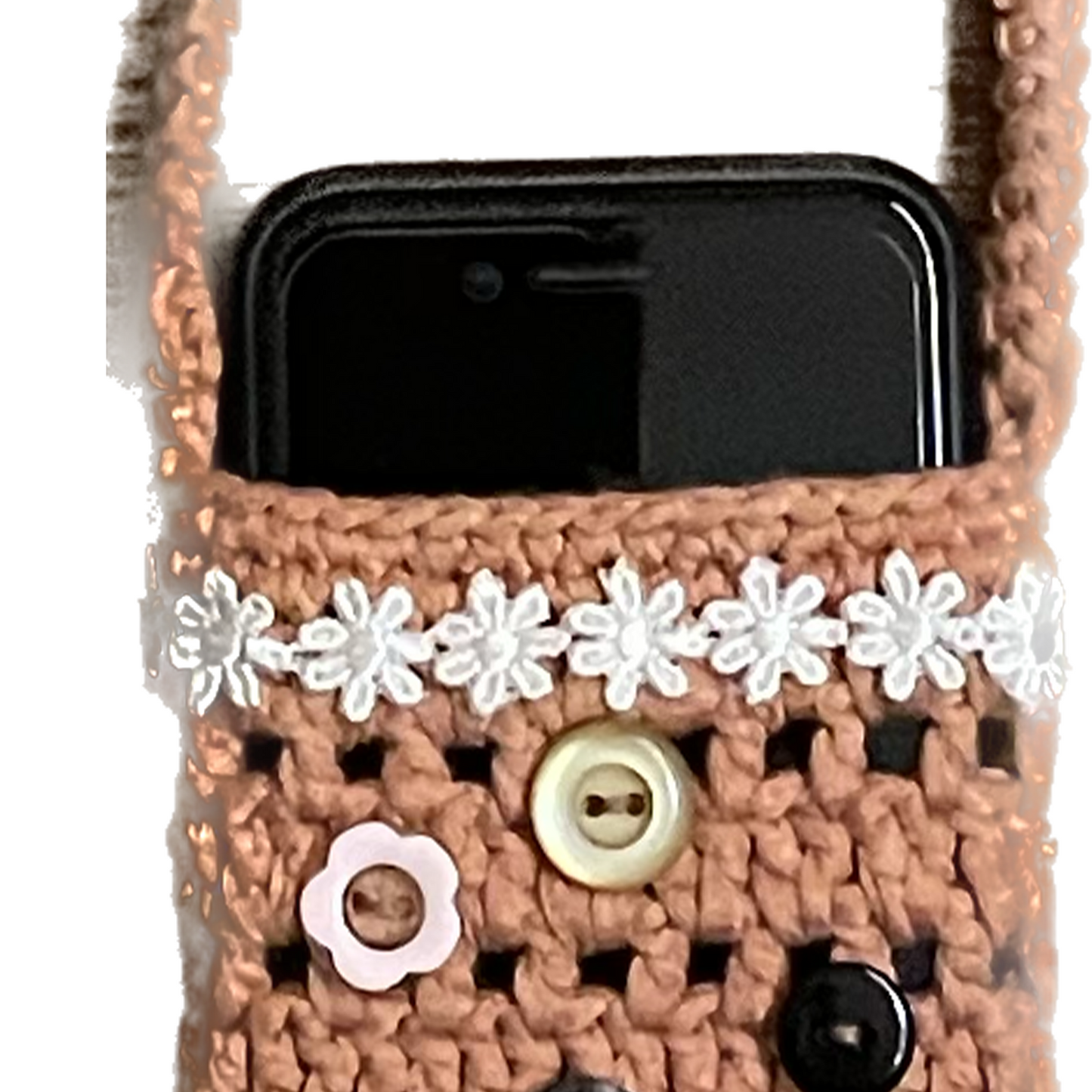 Gehaakt mini telefoontasje geupcycled met knoopjes